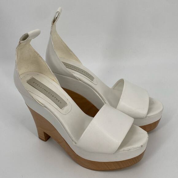 Stella McCartney Wooden Wedge Platform Heels Shoes White Leather Size 37 7 - Picture 1 of 15
